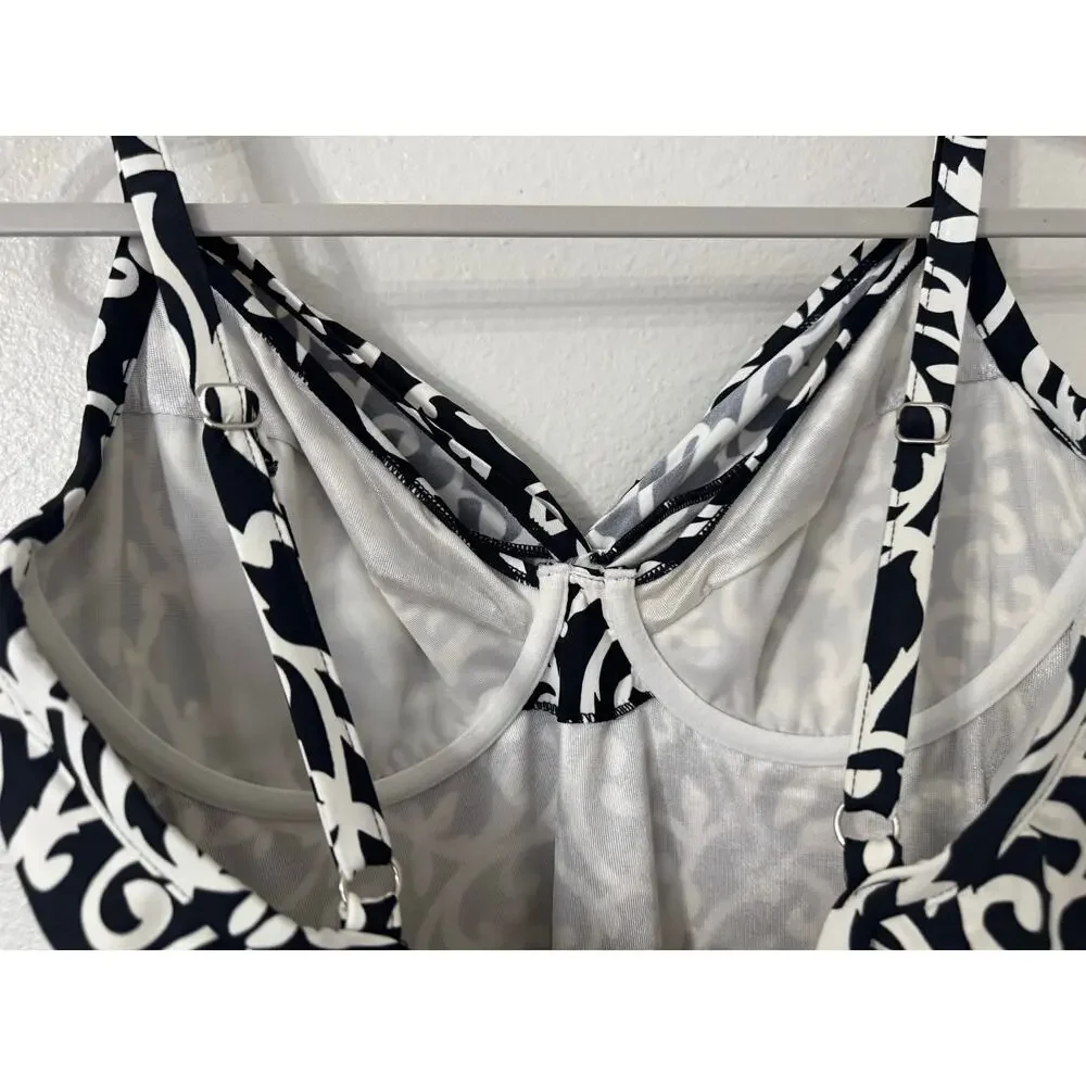 Miraclesuit Scroll Love Knot Tankini Top‎ Black and White Size 10